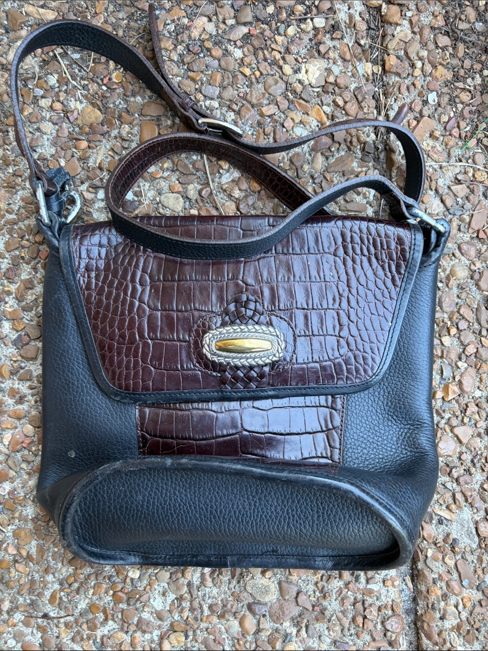 Brighton Black Pebbled Leather Shoulder Bag with Brown Croc-Accent Flap